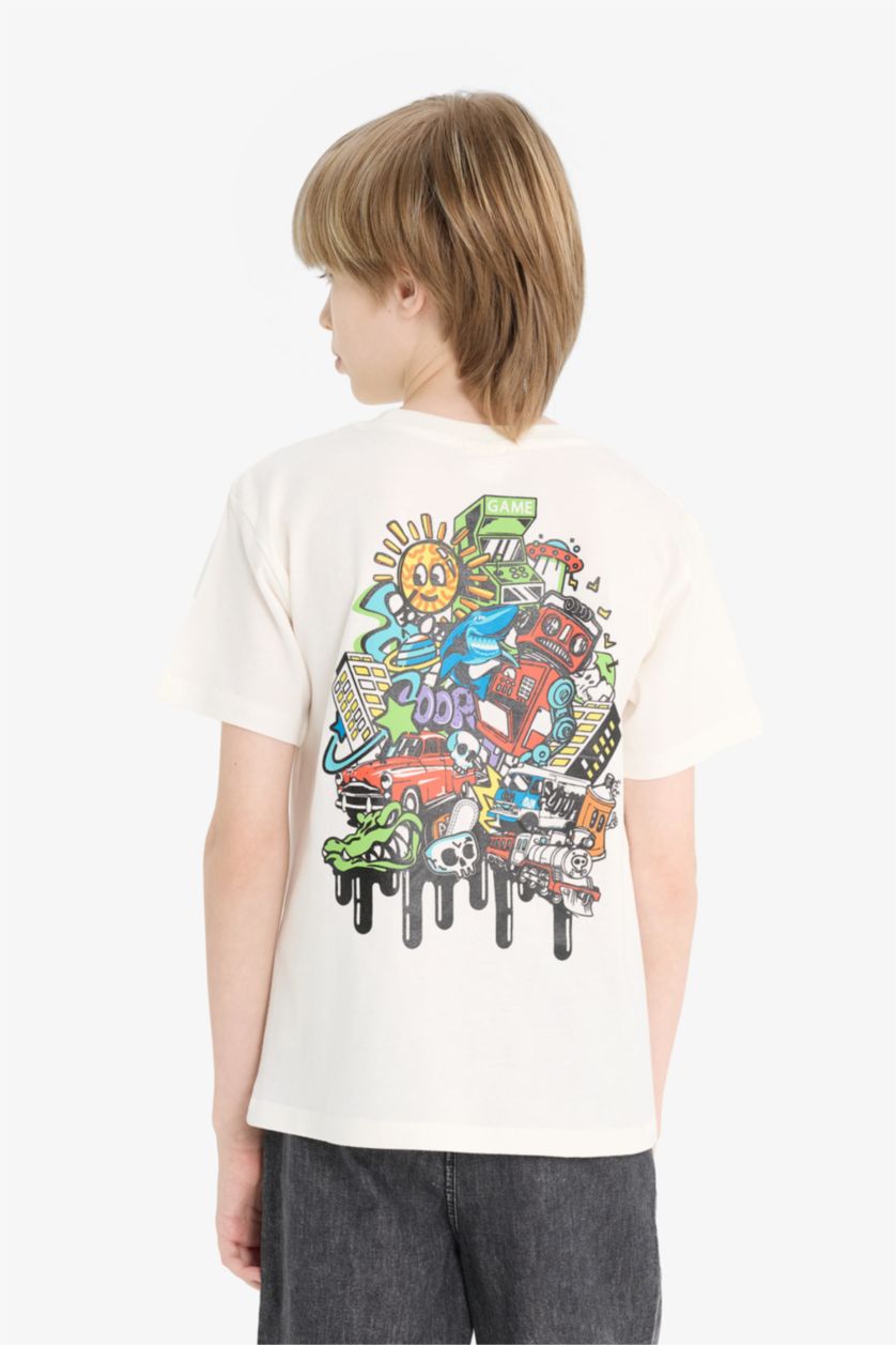 Erkek Çocuk - Genç Erkek Kırık Beyaz Bisiklet Yaka Sırt Baskılı Kısa Kollu Tişört Erkek Çocuk