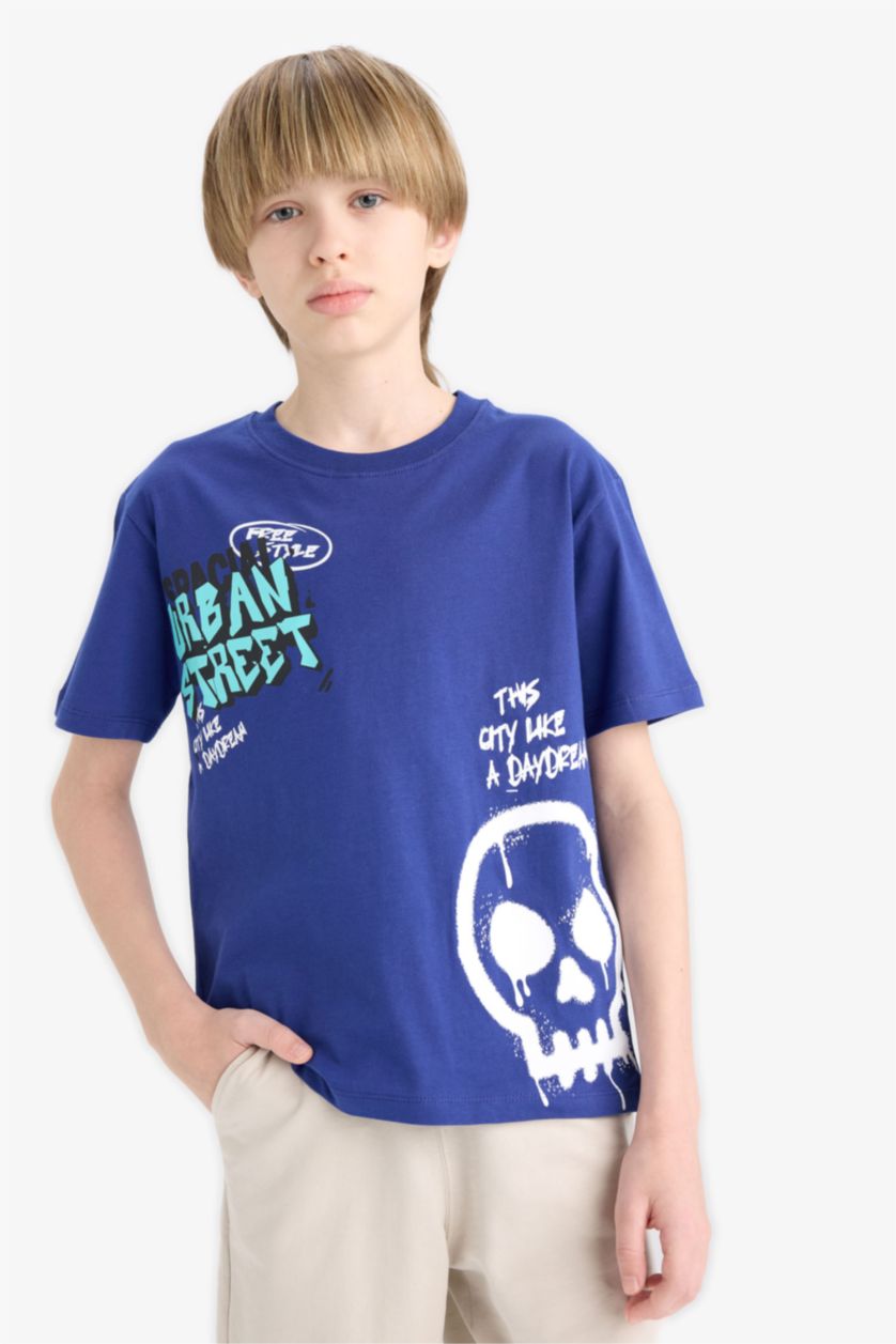 Erkek Çocuk - Genç Erkek Saks Bisiklet Yaka Baskılı Kısa Kollu Tişört Erkek Çocuk