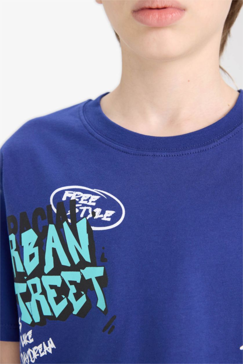 Erkek Çocuk - Genç Erkek Saks Bisiklet Yaka Baskılı Kısa Kollu Tişört Erkek Çocuk