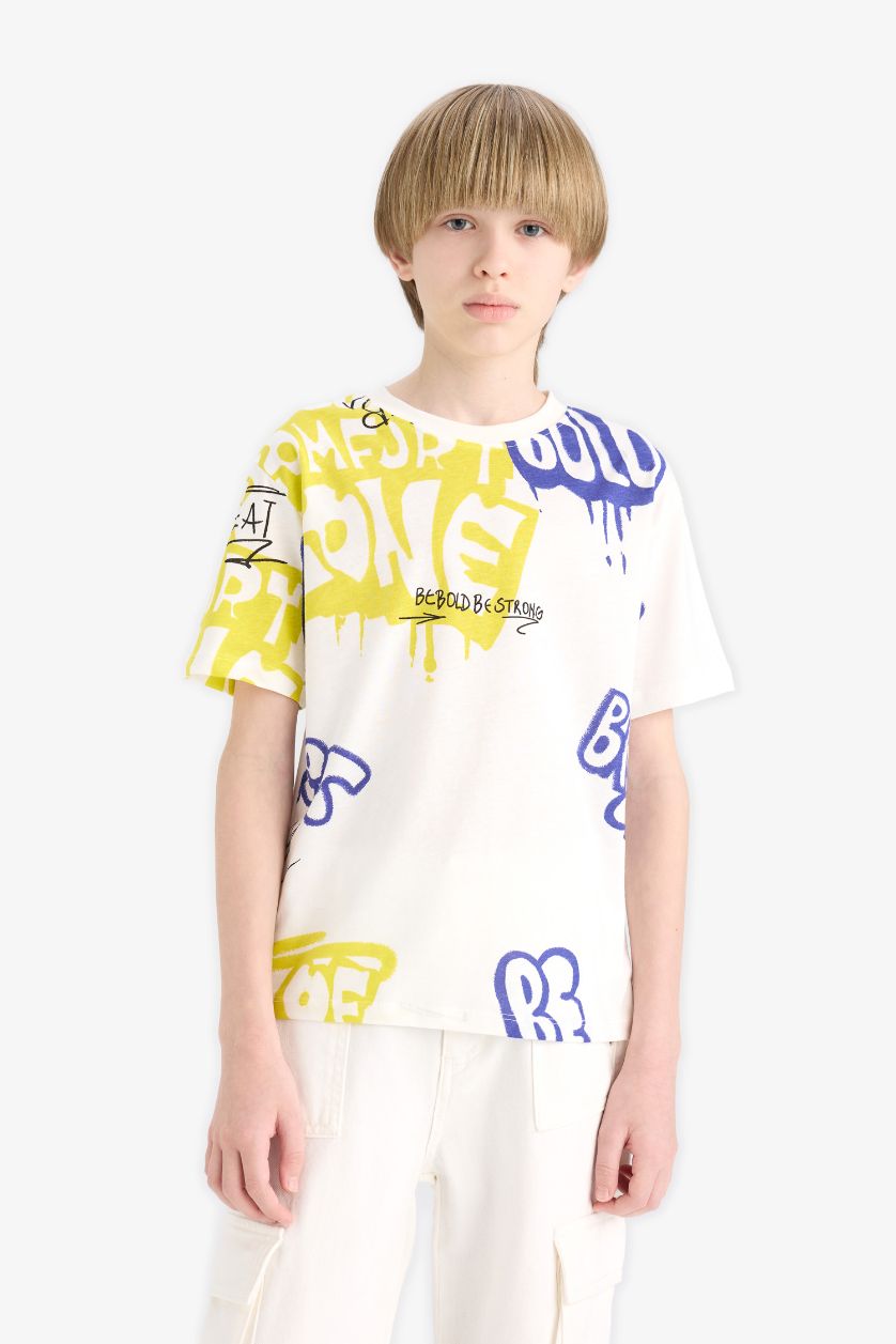 Erkek Çocuk - Genç Erkek Kırık Beyaz Bisiklet Yaka Baskılı Kısa Kollu Tişört Erkek Çocuk