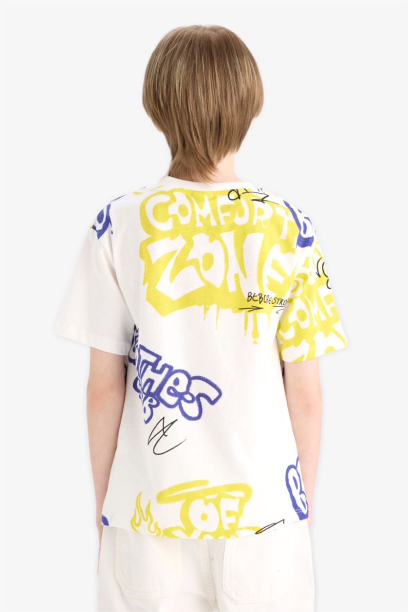 Erkek Çocuk - Genç Erkek Kırık Beyaz Bisiklet Yaka Baskılı Kısa Kollu Tişört Erkek Çocuk