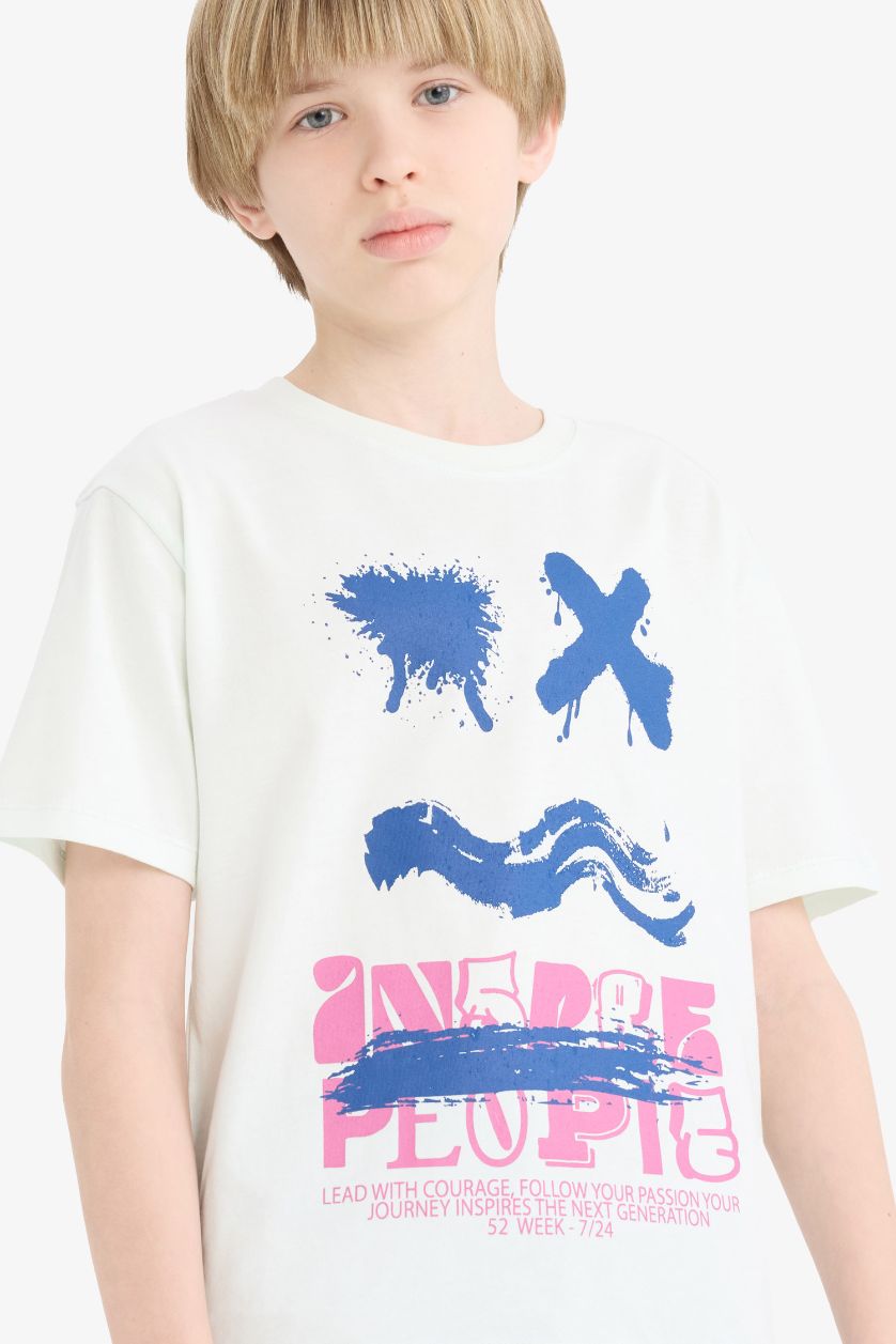 Erkek Çocuk - Genç Erkek Mint Bisiklet Yaka Baskılı Kısa Kollu Tişört Erkek Çocuk