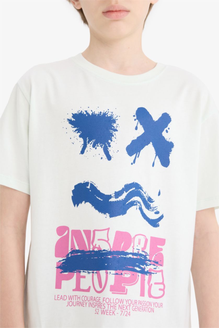 Erkek Çocuk - Genç Erkek Mint Bisiklet Yaka Baskılı Kısa Kollu Tişört Erkek Çocuk