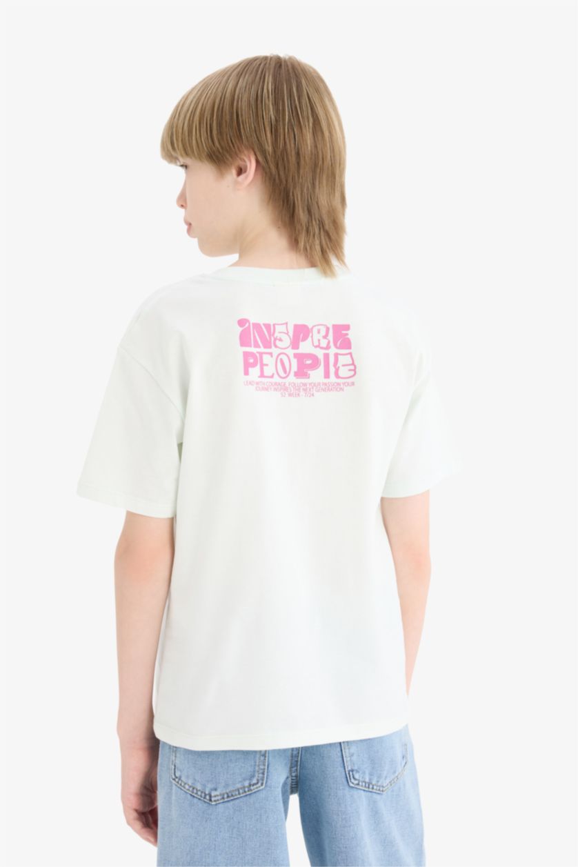 Erkek Çocuk - Genç Erkek Mint Bisiklet Yaka Baskılı Kısa Kollu Tişört Erkek Çocuk