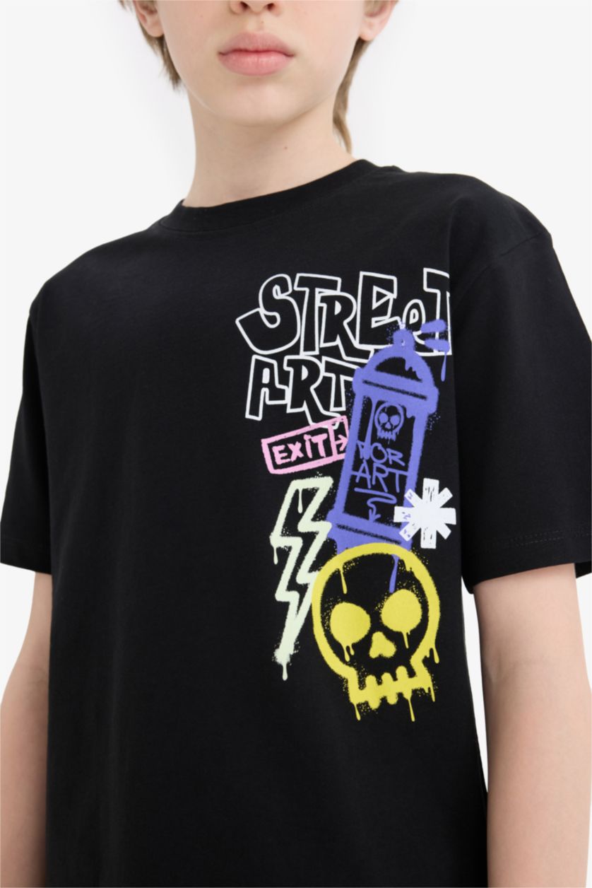 Erkek Çocuk - Genç Erkek Siyah Bisiklet Yaka Baskılı Kısa Kollu Tişört Erkek Çocuk