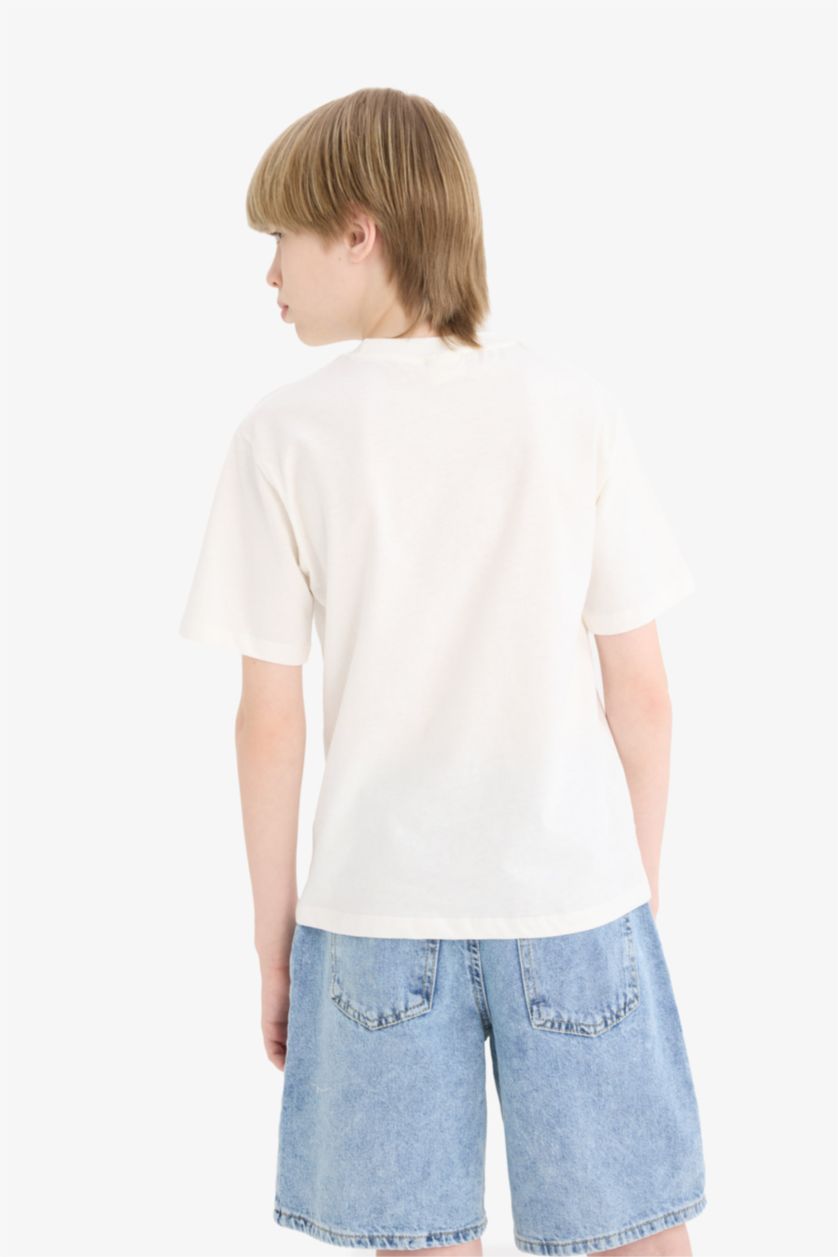 Erkek Çocuk - Genç Erkek Kırık Beyaz Bisiklet Yaka Baskılı Kısa Kollu Tişört Erkek Çocuk