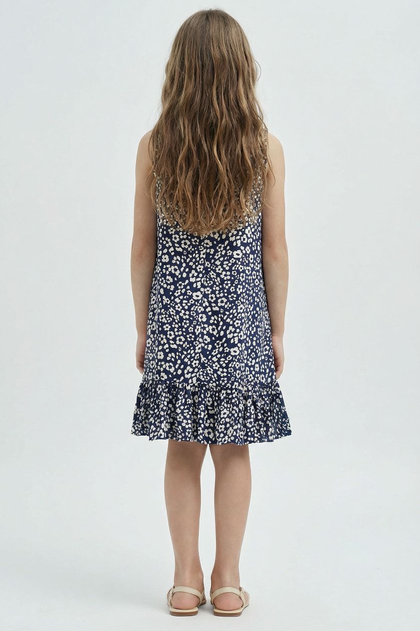 Kız Çocuk - Genç Kız Lacivert Desenli Kolsuz Viskon Yazlık Elbise Kız Çocuk