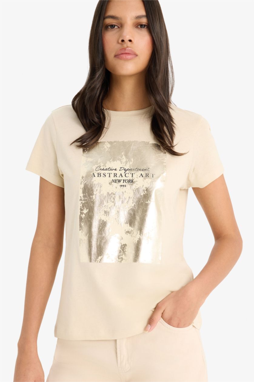 Woman Beige تيشيرت نص ردن قصة عادية وياخة مستديرة