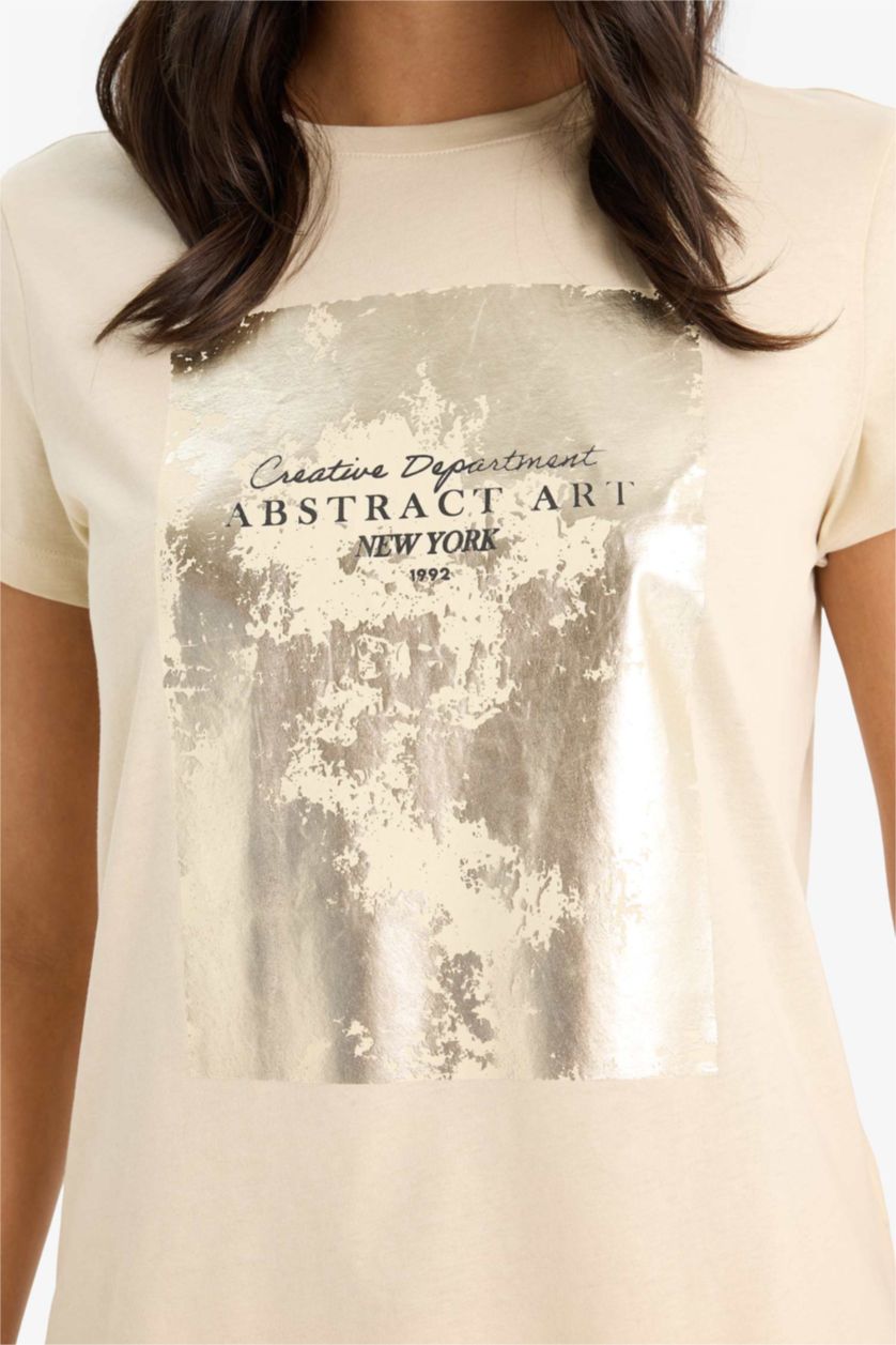 Woman Beige تيشيرت نص ردن قصة عادية وياخة مستديرة