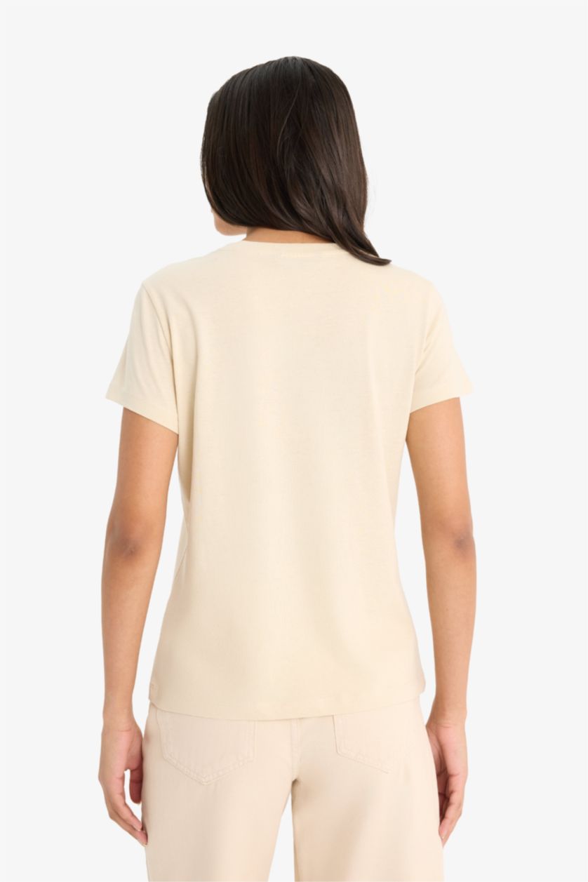 Woman Beige تيشيرت نص ردن قصة عادية وياخة مستديرة