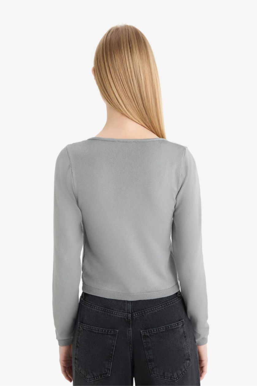 Женщины Серый Узкий трикотажный свитер с круглым воротом, Slim Fit