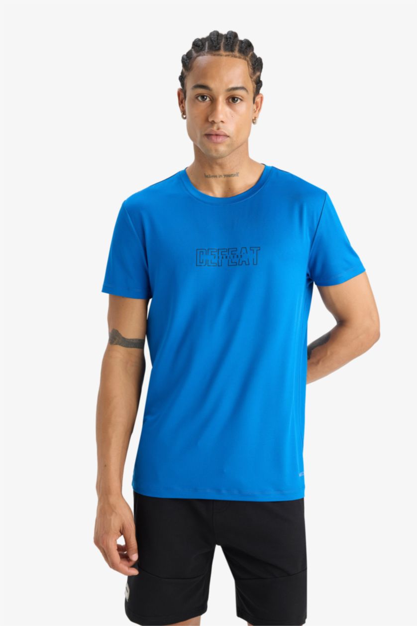 Erkek Royal Slim Fit Dar Kesim Bisiklet Yaka Esnek Kumaş Baskılı Sporcu Kısa Kollu Tişört