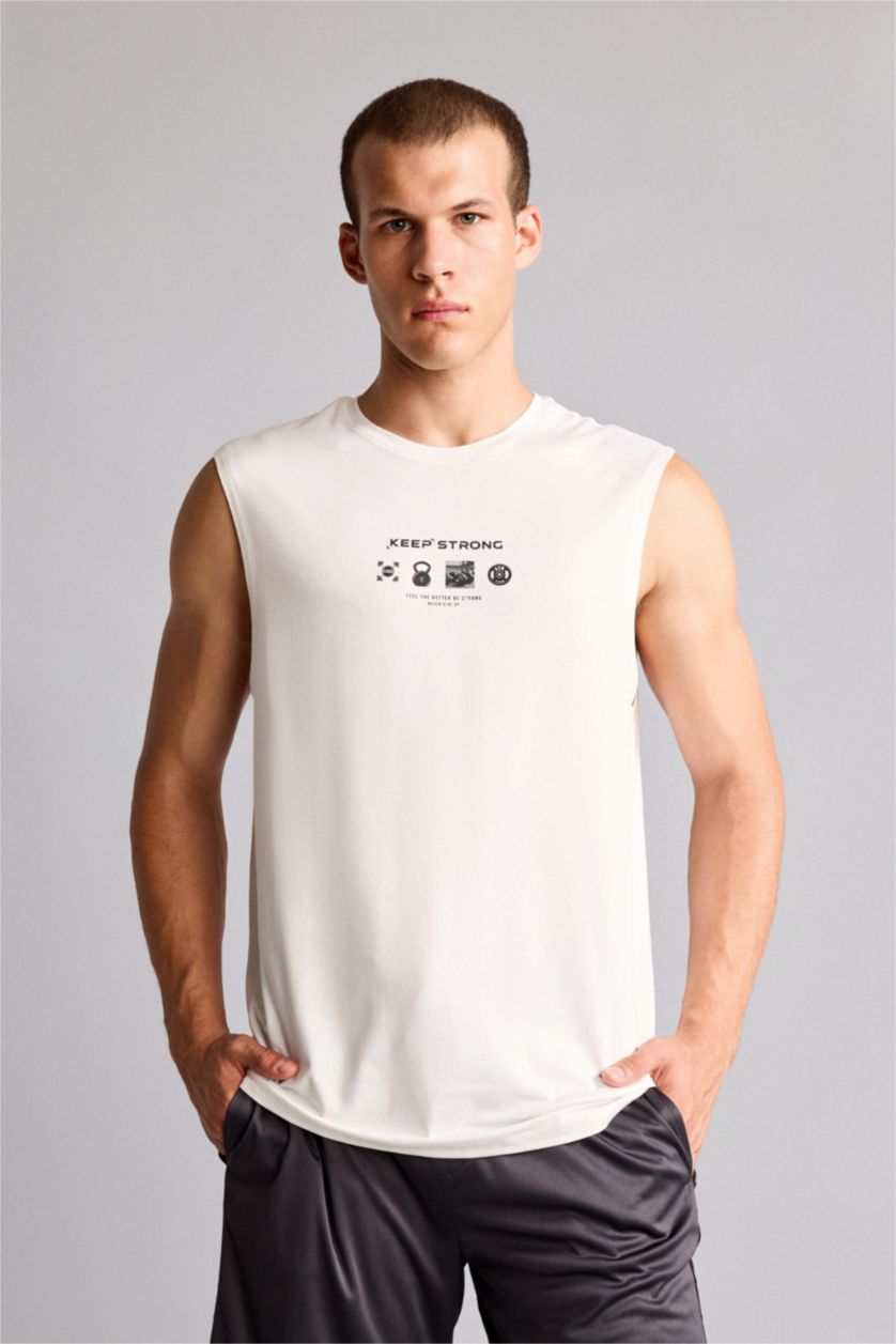 MAN White Boxy Fit Printed Sports White Tank Top