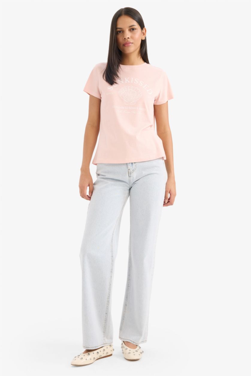 Woman Dark Pink تيشيرت نص ردن قصة عادية وياخة مستديرة بطبعة بحر