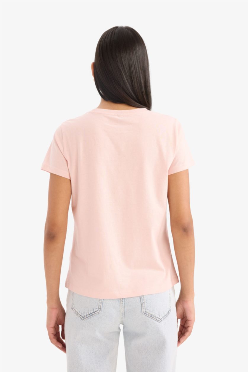 Woman Dark Pink تيشيرت نص ردن قصة عادية وياخة مستديرة بطبعة بحر