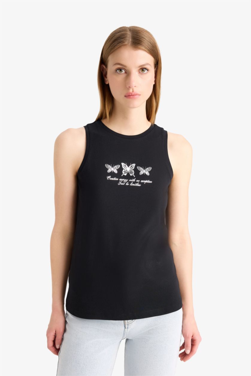 نساء أسود فانيلة قصة عادية بياقة مستديرة برسمة الفراشة