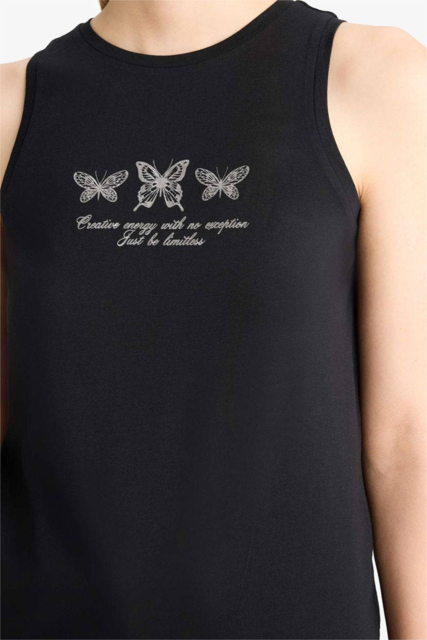 نساء أسود فانيلة قصة عادية بياقة مستديرة برسمة الفراشة