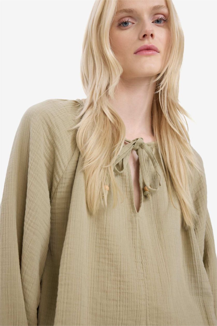 Kadın Açık Haki Oversıze Müslin Uzun Kollu Bluz