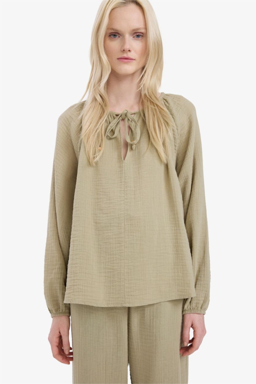 Kadın Açık Haki Oversıze Müslin Uzun Kollu Bluz