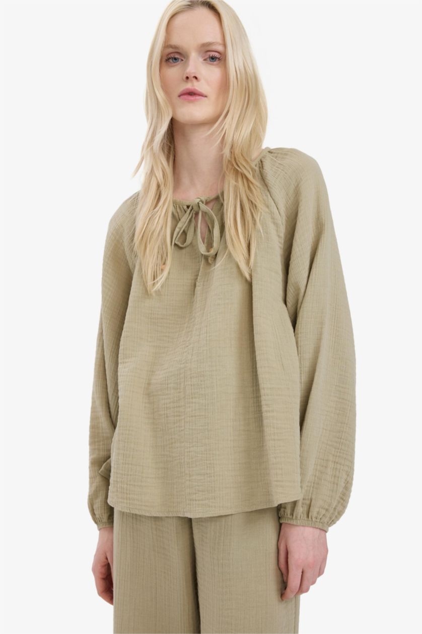 Kadın Açık Haki Oversıze Müslin Uzun Kollu Bluz