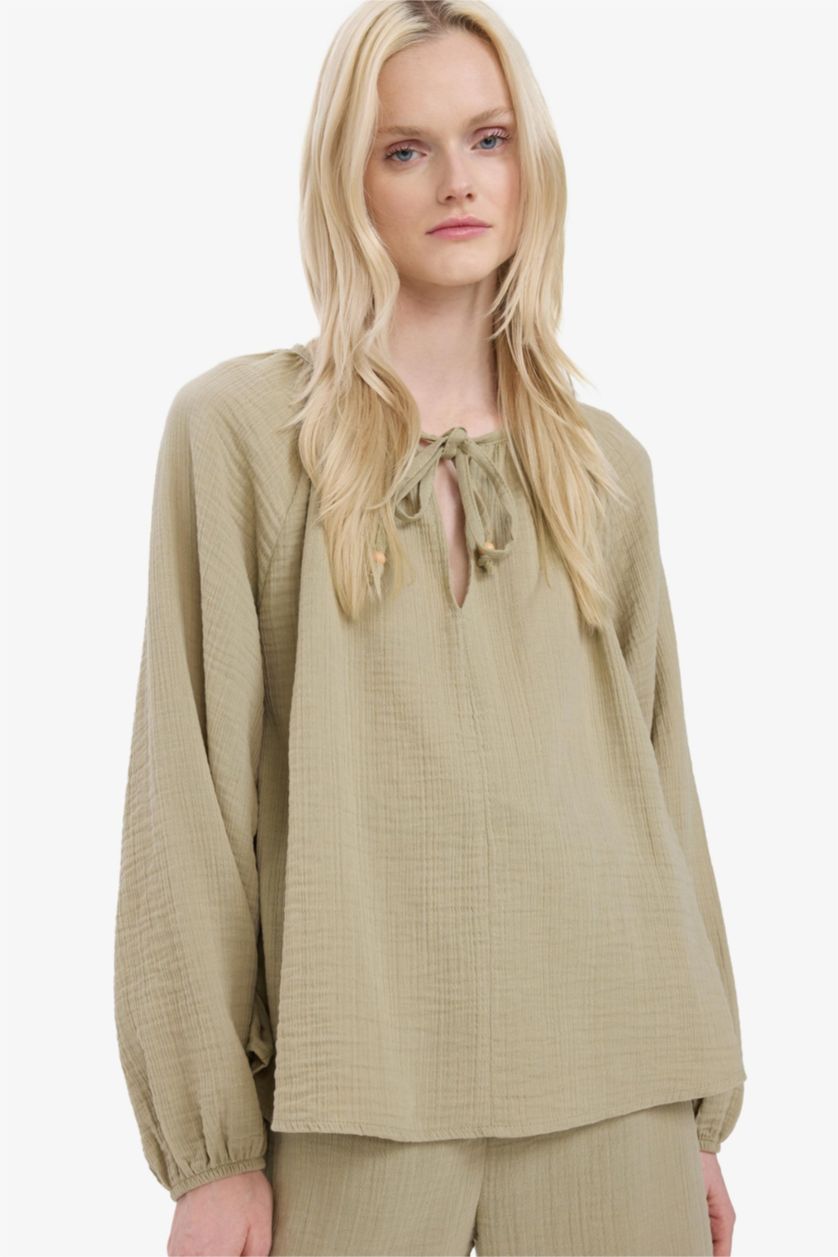 Kadın Açık Haki Oversıze Müslin Uzun Kollu Bluz