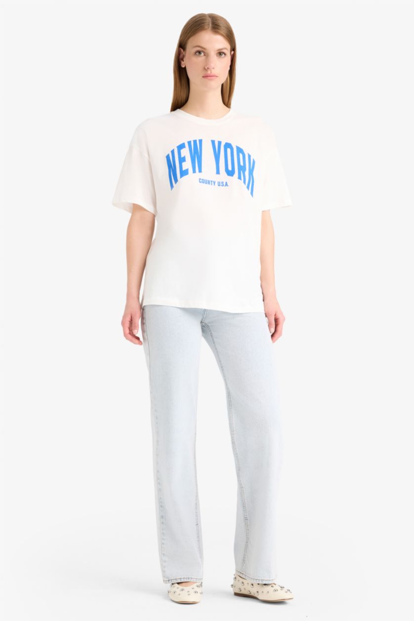 Woman Ecru Oversize Fit Crew Neck Printed Cotton T-Shirt