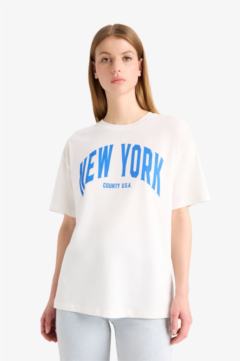 Woman Ecru Oversize Fit Crew Neck Printed Cotton T-Shirt