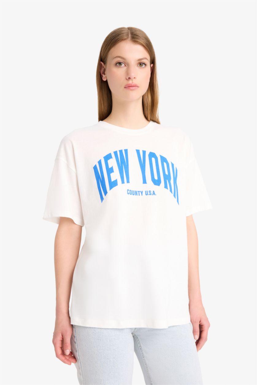 Woman Ecru Oversize Fit Crew Neck Printed Cotton T-Shirt