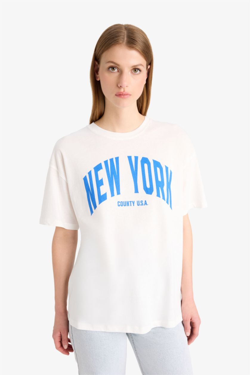 Woman Ecru Oversize Fit Crew Neck Printed Cotton T-Shirt