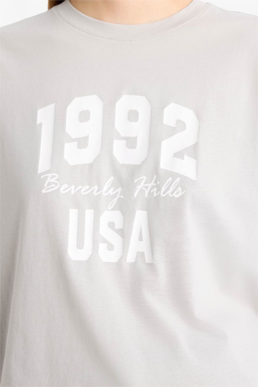 Woman Light Grey Oversize Fit Crew Neck Printed Cotton T-Shirt