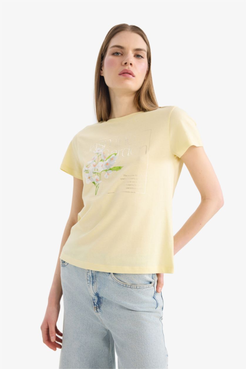 نساء أصفر فاتح Regular Fit Crew Neck Photo Floral Cotton T-Shirt