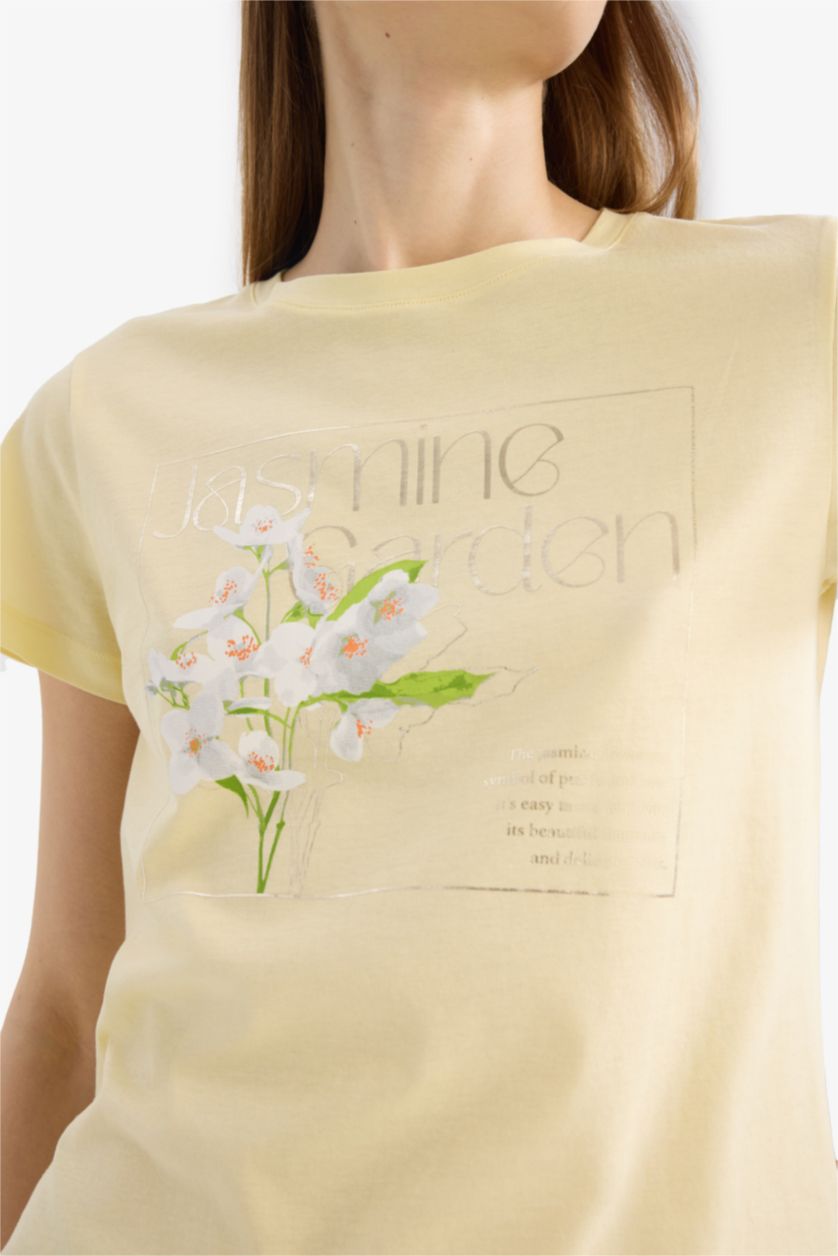نساء أصفر فاتح Regular Fit Crew Neck Photo Floral Cotton T-Shirt