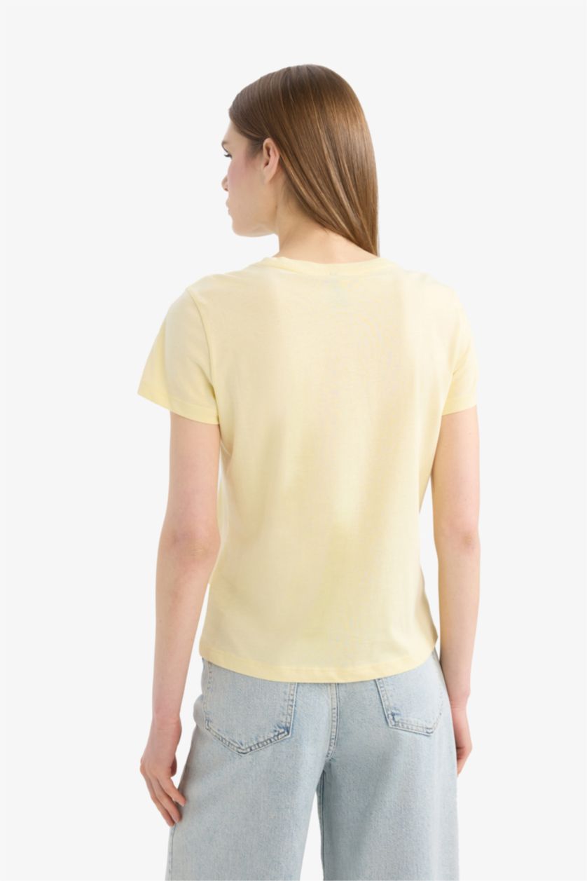 نساء أصفر فاتح Regular Fit Crew Neck Photo Floral Cotton T-Shirt