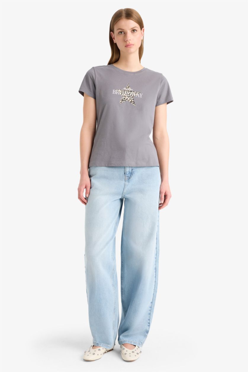 Женщины Серый Футболка с круглым вырезом и звездным узором