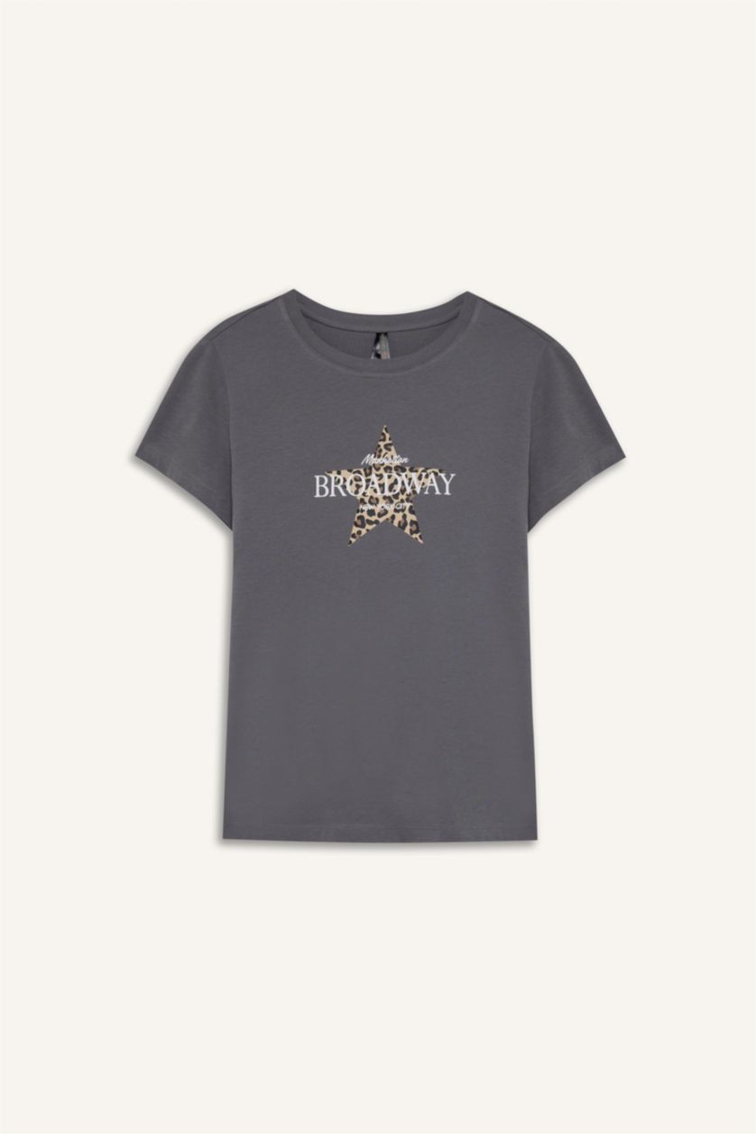 Женщины Серый Футболка с круглым вырезом и звездным узором