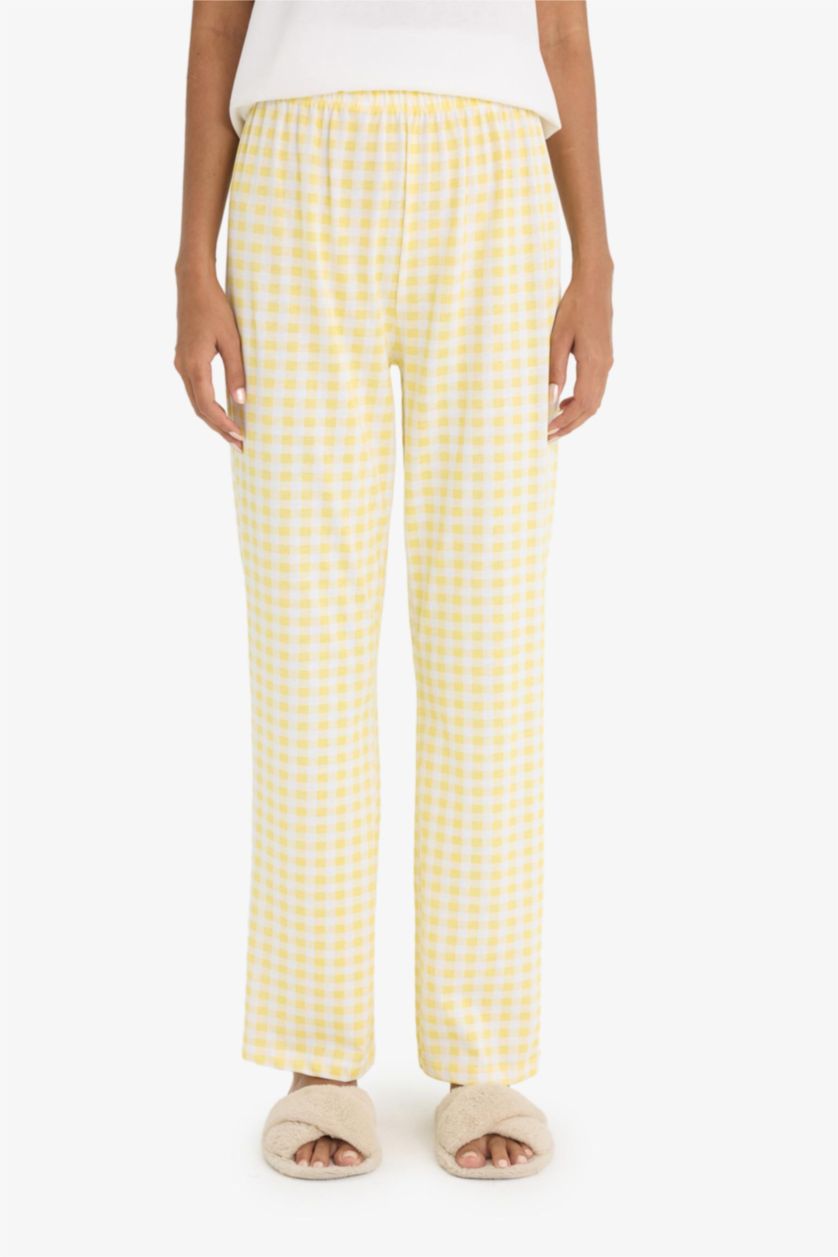 حريمي أبيض طقم بيجاما كاروهات محبوك قصة عادية - قطعتين