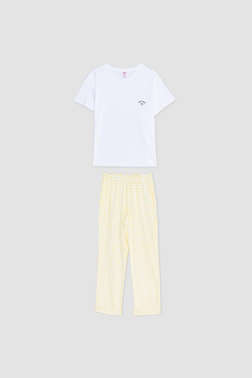 حريمي أبيض طقم بيجاما كاروهات محبوك قصة عادية - قطعتين