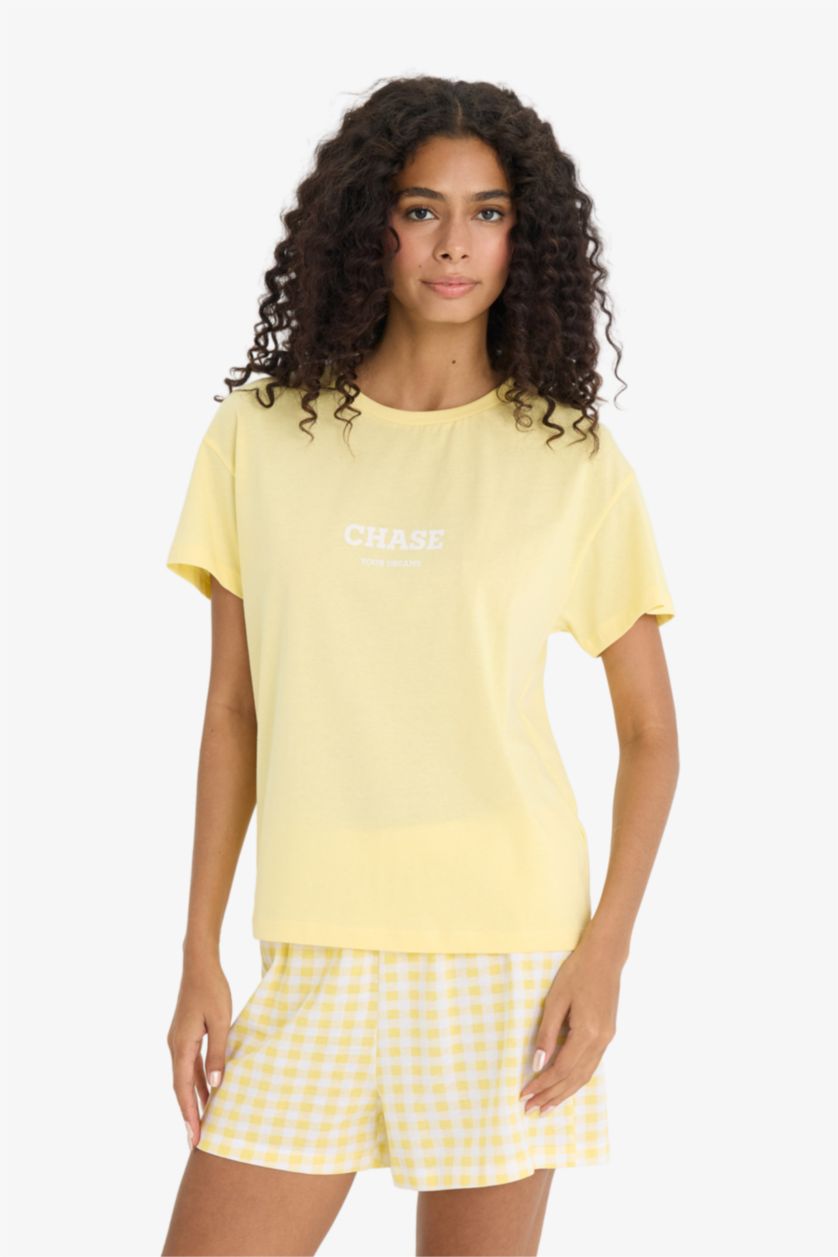 حريمي أصفر طقم بيجاما كاروهات محبوك قصة عادية نص كم - قطعتين