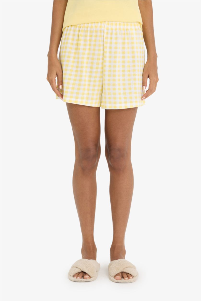 حريمي أصفر طقم بيجاما كاروهات محبوك قصة عادية نص كم - قطعتين