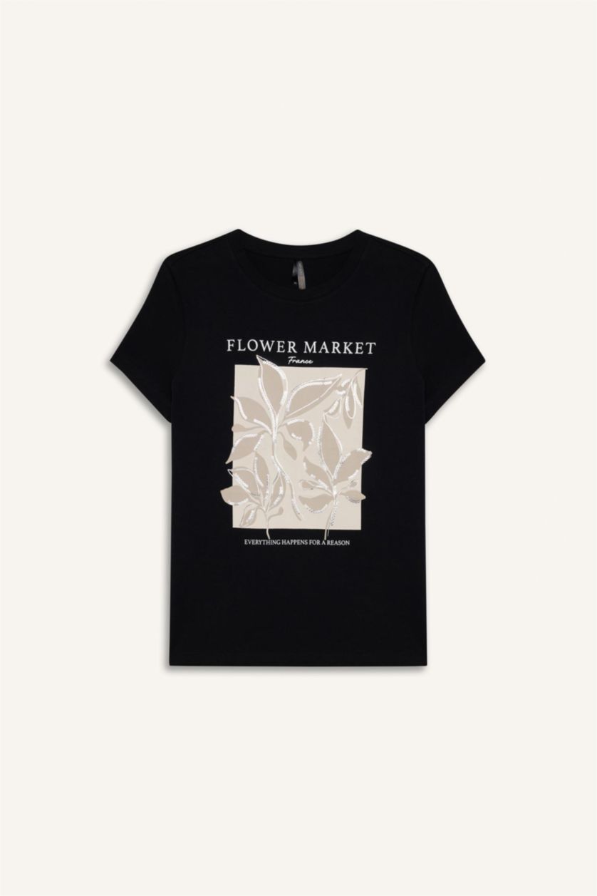 نساء أسود تيشيرت نص ردن فلورال قصة عادية بياخة مستديرة