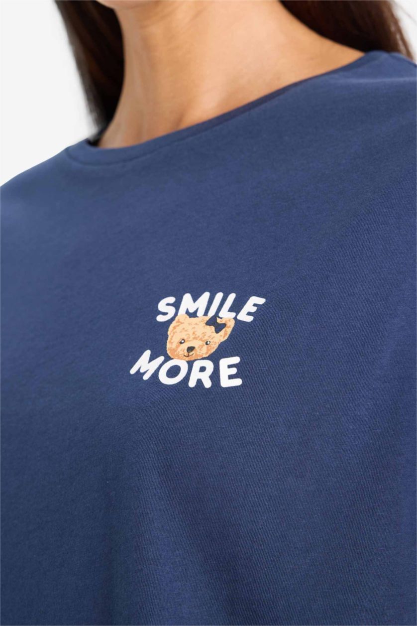 نساء كحلي طقم قصة عادية بأكمام قصيرة من قطعتين