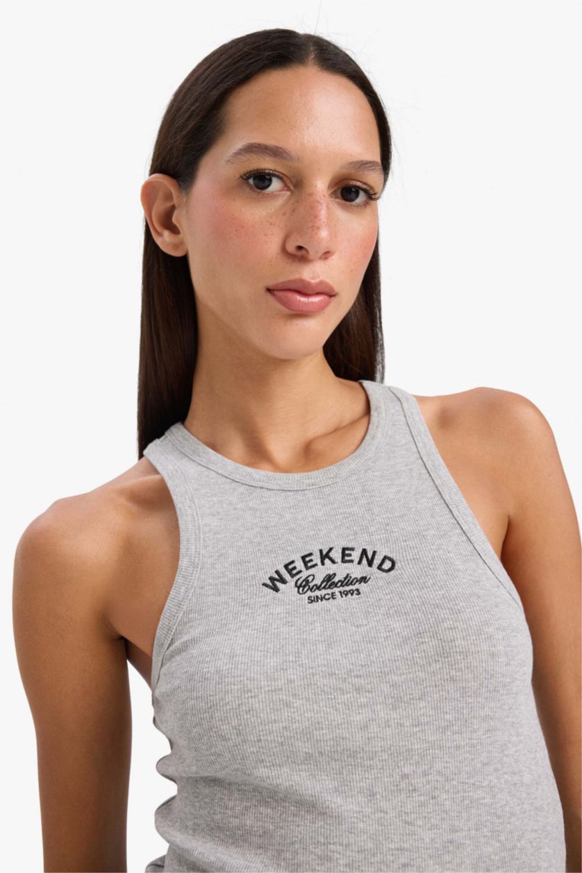 نساء ميلانج رمادي فانيلة مضلع سليم فيت بياقة هالتر بطبعة شعار