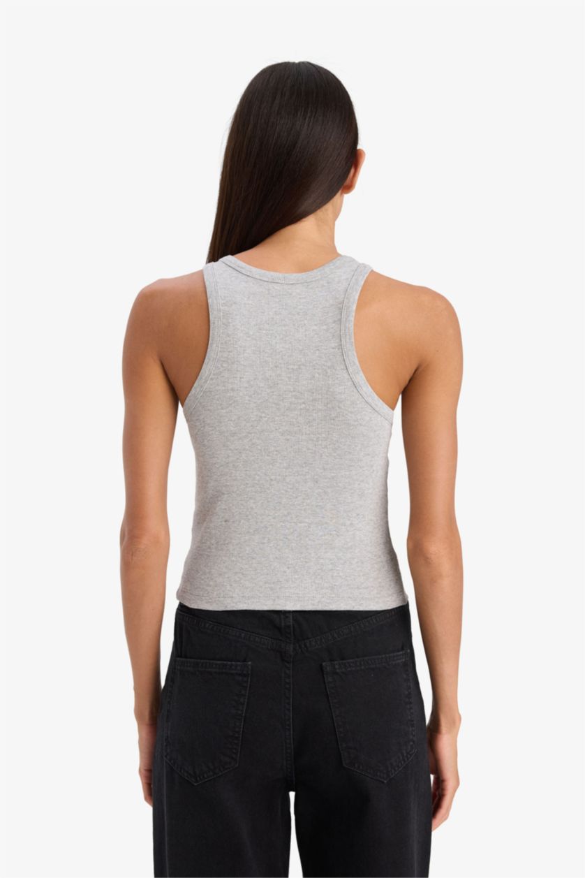 نساء ميلانج رمادي فانيلة مضلع سليم فيت بياقة هالتر بطبعة شعار