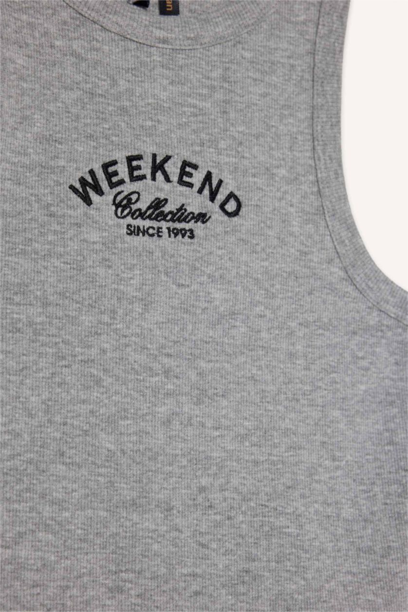 نساء ميلانج رمادي فانيلة مضلع سليم فيت بياقة هالتر بطبعة شعار