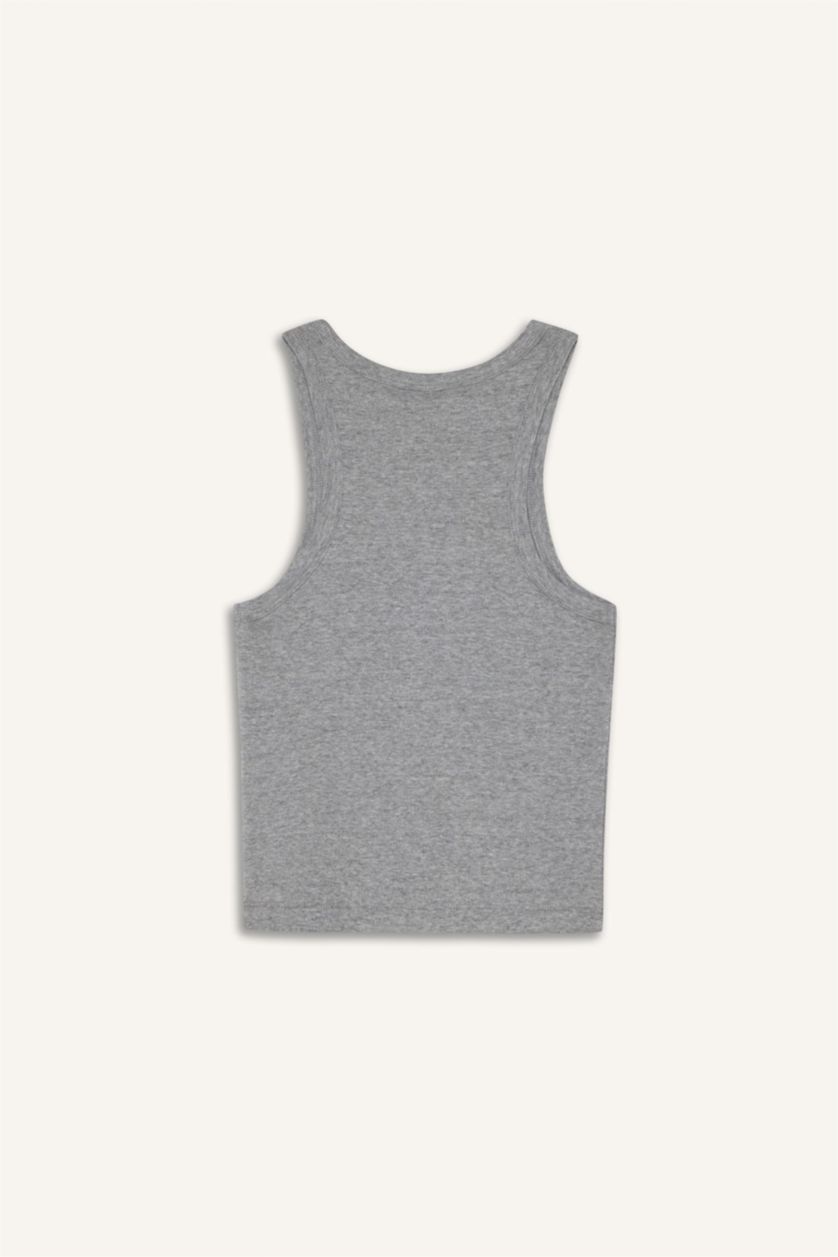 نساء ميلانج رمادي فانيلة مضلع سليم فيت بياقة هالتر بطبعة شعار