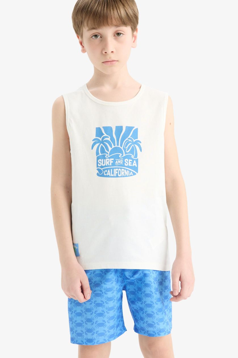 Erkek Çocuk - Genç Erkek Ekru 2'li Takım Baskılı Atlet Deniz Şortu Erkek Çocuk