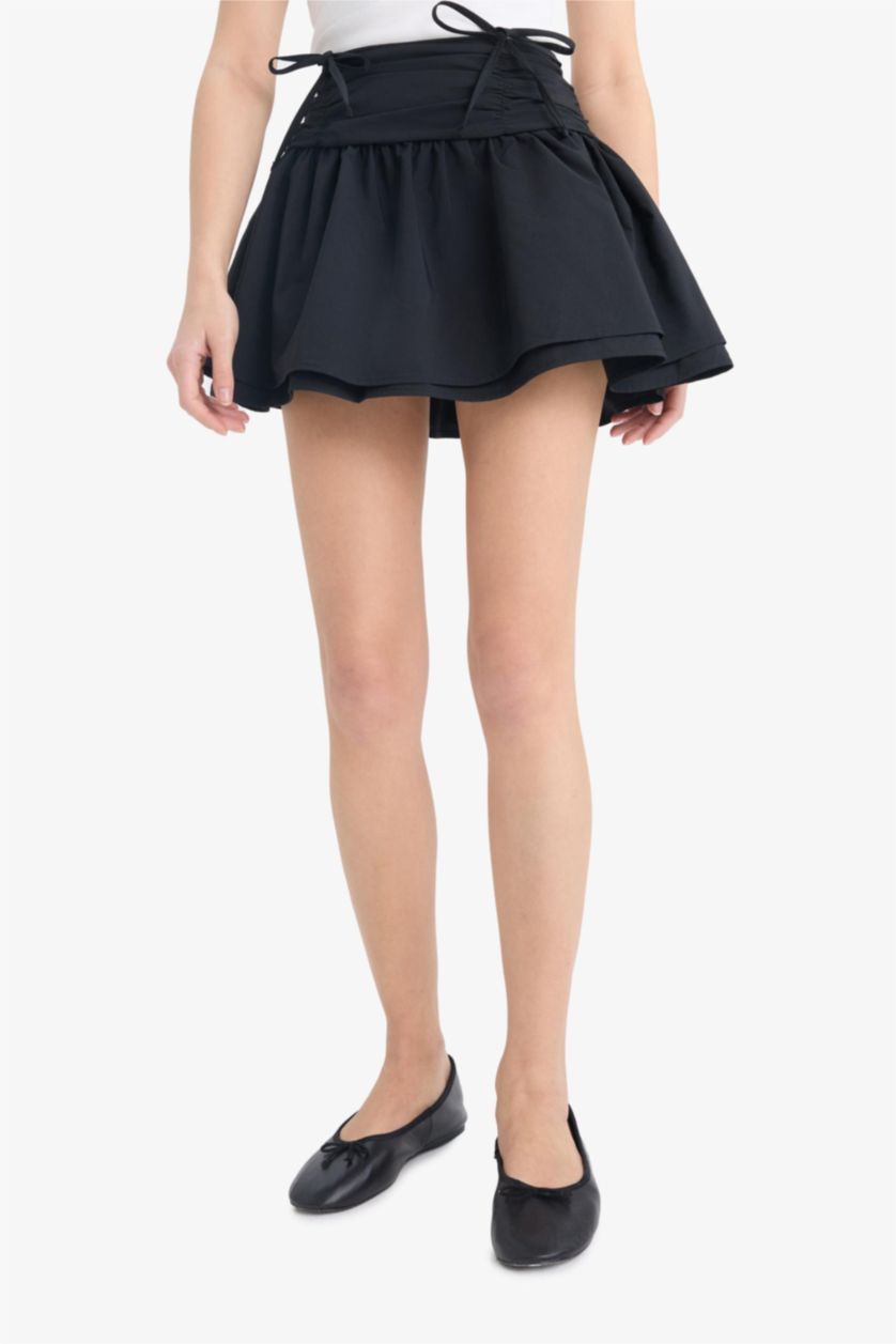 Kadın Siyah A Kesim Normal Bel Penye Astar Poplin Mini Etek