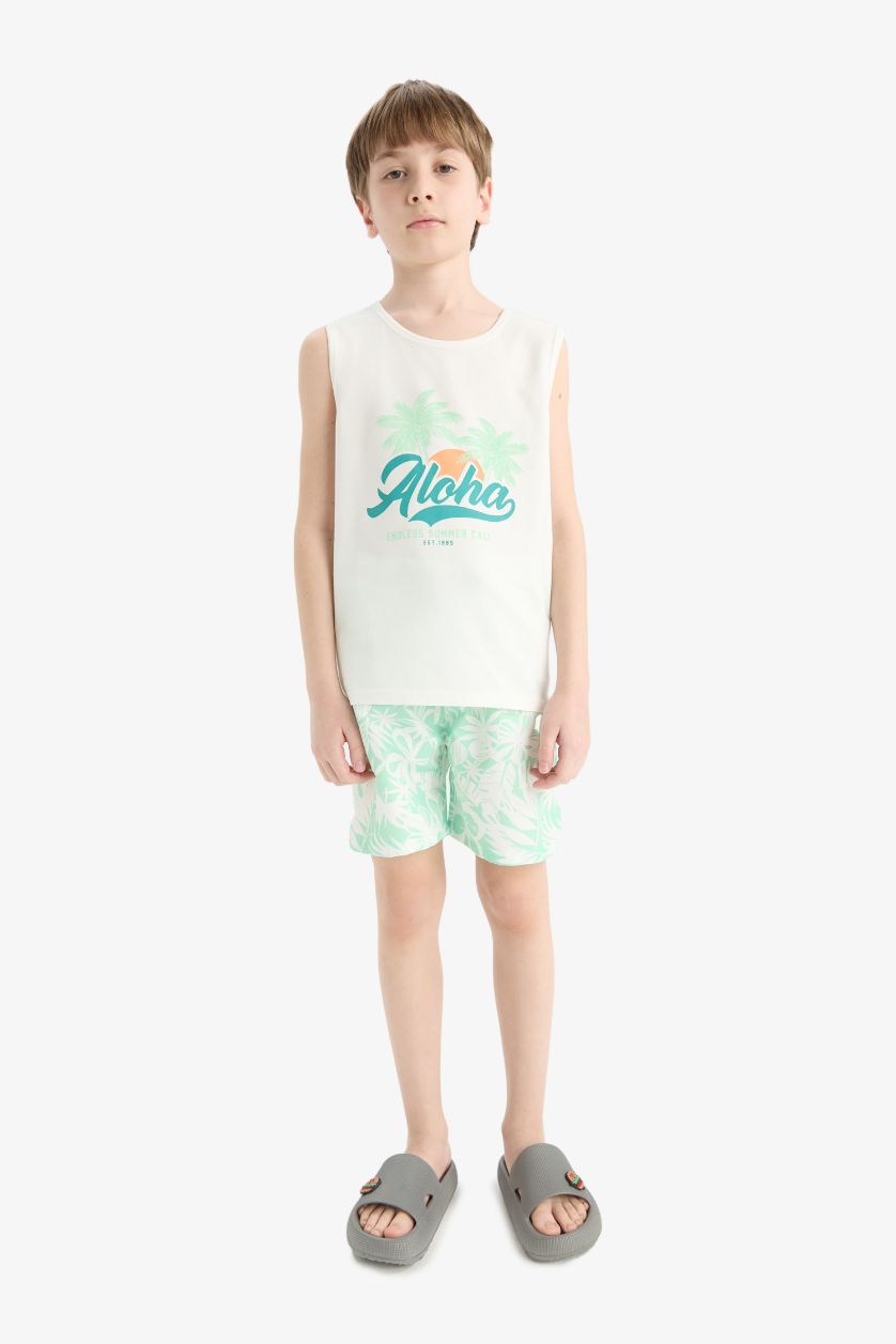 Erkek Çocuk - Genç Erkek Ekru 2'li Takım Baskılı Atlet Deniz Şortu Erkek Çocuk