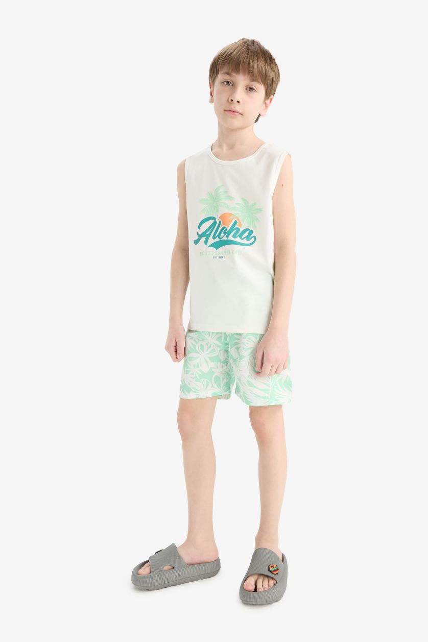 Erkek Çocuk - Genç Erkek Ekru 2'li Takım Baskılı Atlet Deniz Şortu Erkek Çocuk