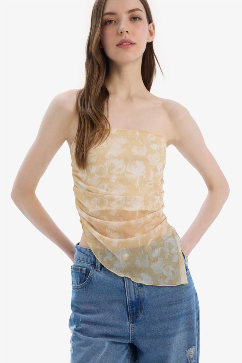 نساء أصفر فاتح بلوزة تول سليم فيت بدون حمالات